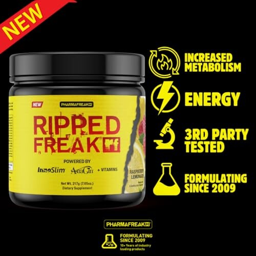 Ripped Freak supplement jar with benefits listed.