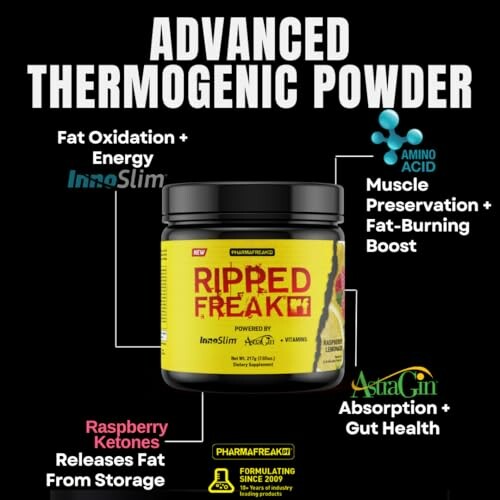Ripped Freak advanced thermogenic powder with benefits highlighted.