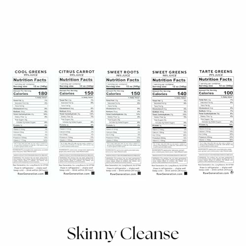 Nutrition facts labels for various juice cleanse flavors.