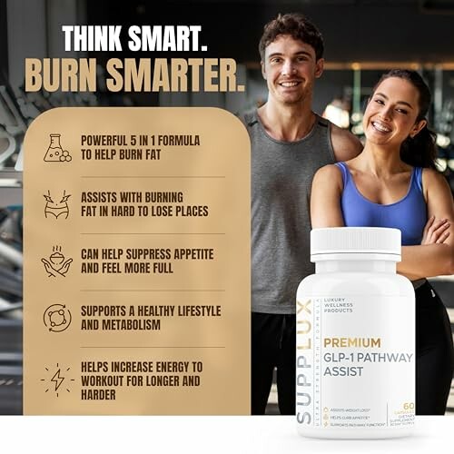 Supplement advertisement with two people and product benefits.
