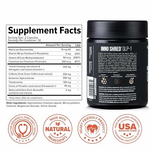 Supplement facts label for Inno Shred GLP-1 capsules with ingredients and certifications.