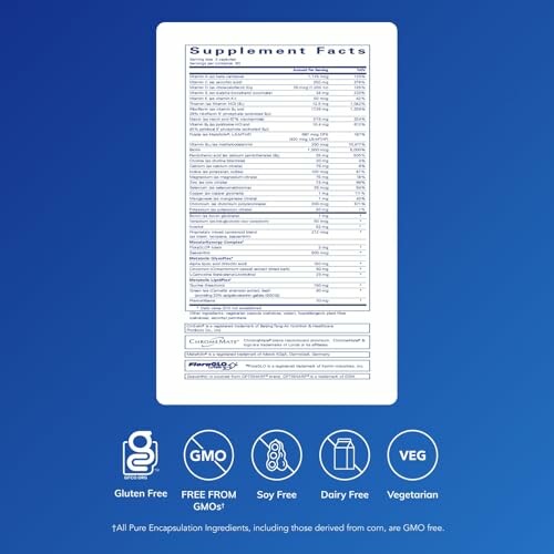 Supplement facts label with icons for gluten-free, GMO-free, soy-free, dairy-free, and vegetarian.