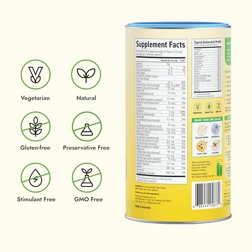 Supplement facts and benefits of a product with icons for vegetarian, natural, gluten-free, preservative-free, stimulant-free, GMO-free.