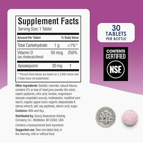 Supplement facts label with tablet and coin for size comparison.