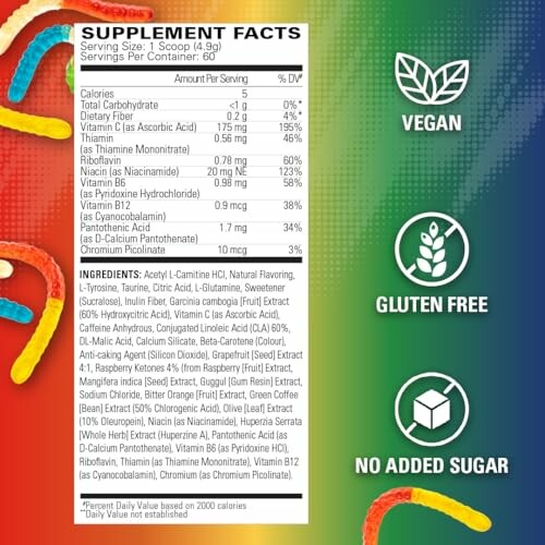 Supplement facts label with vegan, gluten-free, and no added sugar icons.