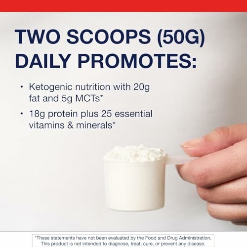 Hand holding a scoop of supplement with nutritional information about ketogenic nutrition, protein, and vitamins.