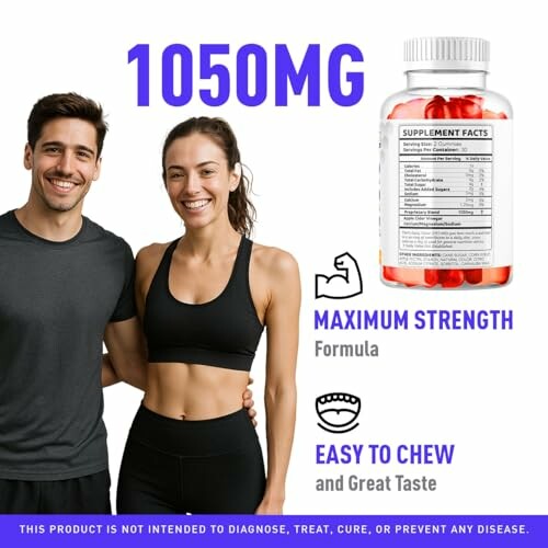 Smiling couple promoting 1050mg supplement with easy-to-chew formula.