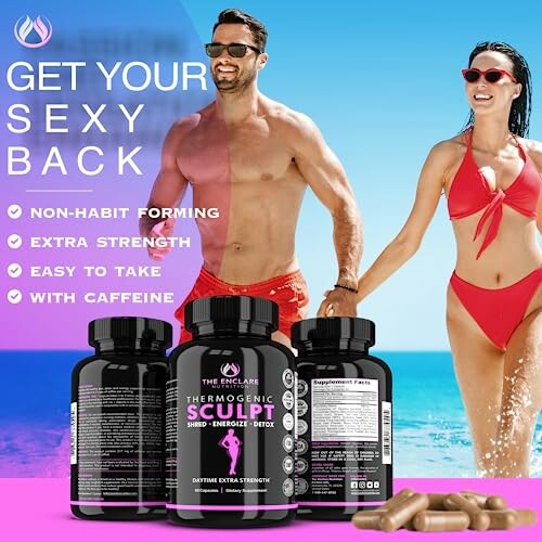 Man and woman in swimwear promoting thermogenic supplement bottles.