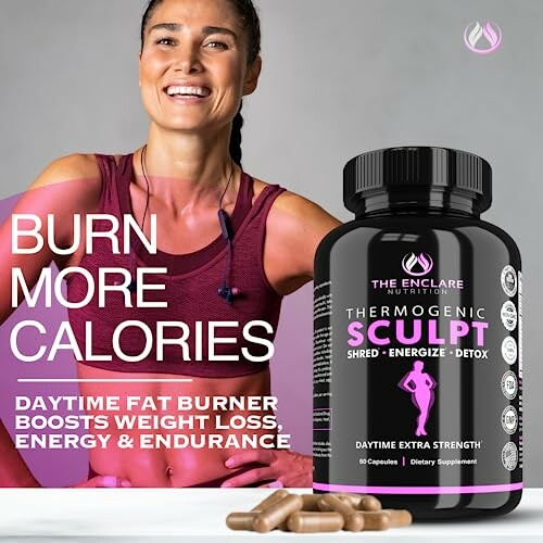 Woman smiling with thermogenic supplement bottle promoting calorie burning.