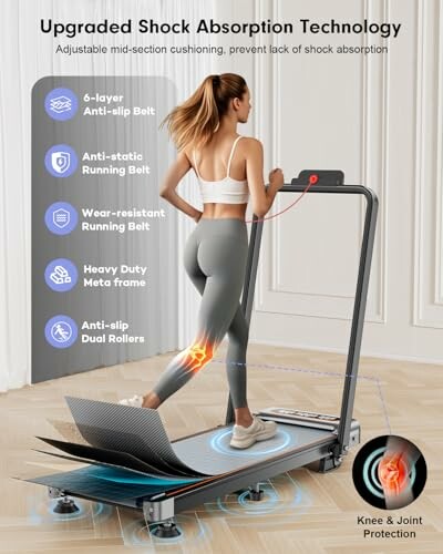 Woman running on a treadmill with upgraded shock absorption features.