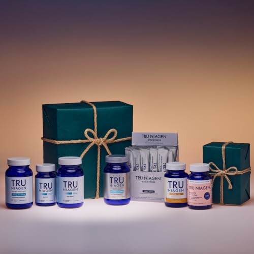 Tru Niagen products and gift boxes on display.