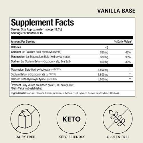 Vanilla base keto supplement facts with nutritional information.