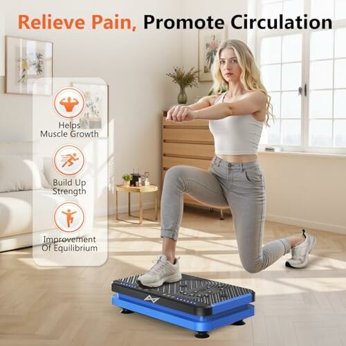 Woman exercising on a vibration plate indoors.