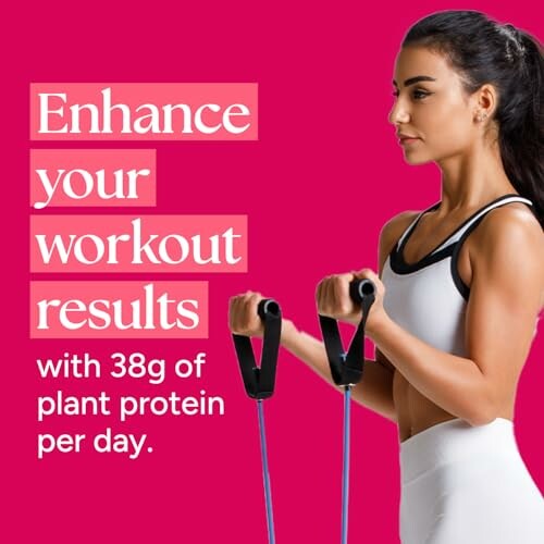 Woman exercising with resistance bands for plant protein promotion.