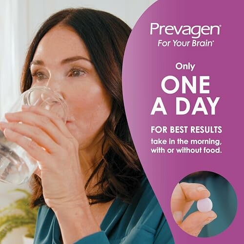 Woman drinking water with a supplement pill, Prevagen advertisement.