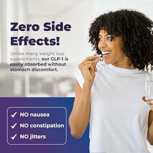 Woman smiling while taking a supplement with text promoting zero side effects.