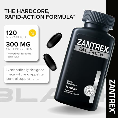 Zantrex Black dietary supplement bottle with softgels.