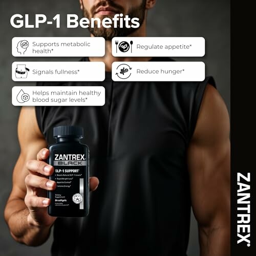 Person holding Zantrex Black bottle highlighting GLP-1 benefits.