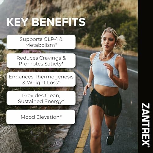 Woman running with Zantrex key benefits listed.
